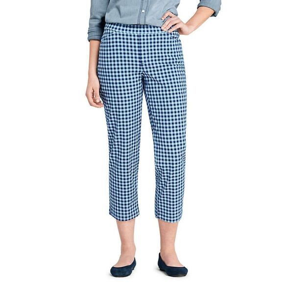 Lands' End Mid Rise Pull On Chino Crop Pants Sof Lake Blue Check 12 - Picture 1 of 7